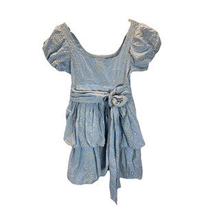 NEW OLIVACEOUS Eyelet Blue mini dress puff sleeves Size S tiered bubble skirt